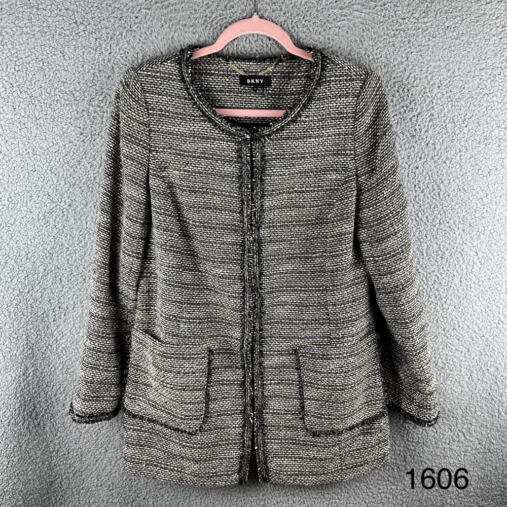 DKNY Women’s Sz 10 Collarless Knitted Grey Polyester Jacket Hook & Loop Closure